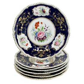 6 Bloor Derby Hand Painted Dinner Plates Florals Cobalt Blue circa 1830