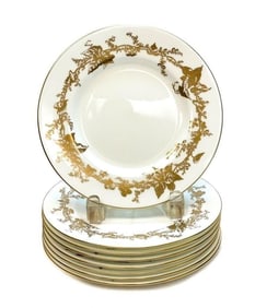 8 Minton England Porcelain Dessert Plates, circa 1930. Gilt Vine Leaves