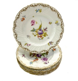 6 Richard Klemm Dresden Dessert Hand Painted Plates with Flowers and Gilt c1930