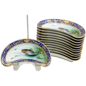 12 Meito China Hand Painted Porcelain Fish Crescent Bone Plates circa 1950
