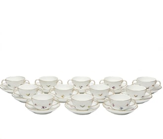 11 KPM Berlin German Hand Painted Porcelain Bouillon Bowls & Underplates c. 1900