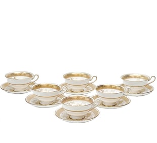 6 Spode England Gilt Porcelain Cup & Saucers in Spode's Garden Gold