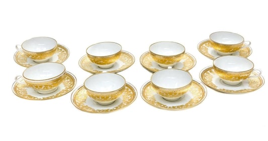 8 Salviati Venice Porcelain Gilt Encrusted & Enamel Jeweled Cup & Saucers