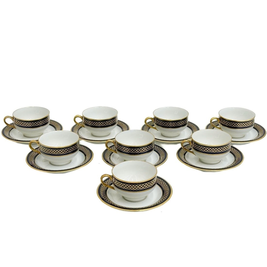 8 Bernardaud Limoges for Asprey Porcelain Cups & Saucers Carrousel Blue: 8 Bernardaud Limoges for Asprey Porcelain Cups and Saucers in Carrousel Blue. A cobalt blue ground to the edge with ornate gilt decoration. Underside marked Bernardaud Limoges France Carrousel Asprey