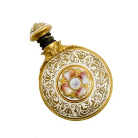 Coalport England Gilt Porcelain Scent Bottle Enamel Flower circa 1880