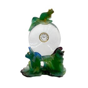 Daum France Pate de Verre Art Glass Horloge Grenouilles Frog Clock