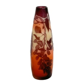 Emile Galle Acid Etched Cameo Art Glass Orange Amethyst Floral Vase Signed