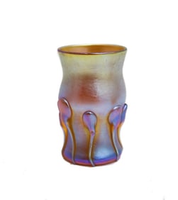 LCT Tiffany Gold Favrile Art Glass Miniature Vase Applied Tendril c1900 #07619
