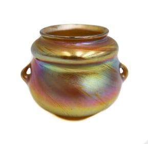 LCT Tiffany Gold Favrile Blue Pink Iridescence Art Glass Twin Handled Vase 4221G