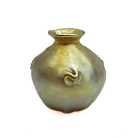 LCT Tiffany Art Glass Gold Favrile Miniature Round Vase Twisted Prunts #Y502