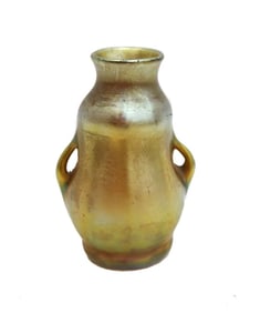 LCT Tiffany Art Glass Gold Favrile Miniature Twin Handled Vase #4942A circa 1900
