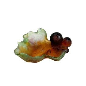 Daum France Pate de Verre Art Glass Fig Leaf Small Tray Bowl