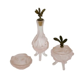 3pc Daum France Pink Glass and Gilt Bronze Darjeena Vanity Set