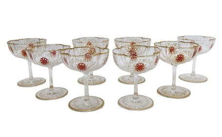 8 Moser Bohemian Quatrefoil Acid Etched Champagne Coupes 1st Q 20th Century