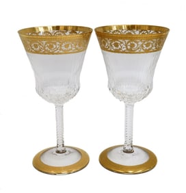 Pair Saint (St) Louis France Cut Glass Burgundy Wine Goblets in Gold Thistle