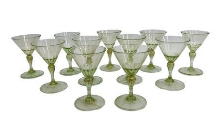 11 Venetian Green Gold Fleck Glass Wine Goblets circa 1950