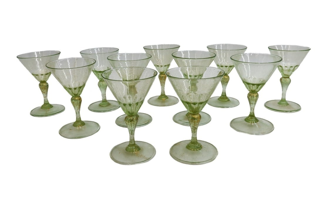 11 Venetian Green Gold Fleck Glass Wine Goblets circa 1950: 11 Venetian green gold fleck glass wine goblets, circa 1950 . Pontil underside. Weight: Approx. 3 lbs Measurements: Approx. 3 inches diameter x 4.5 inches tall Domestic Shipping:$60