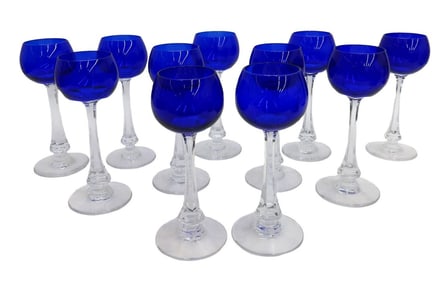 11 Baccarat France Glass Cobalt Blue Rhine Wine Goblets in Gascogne Signed