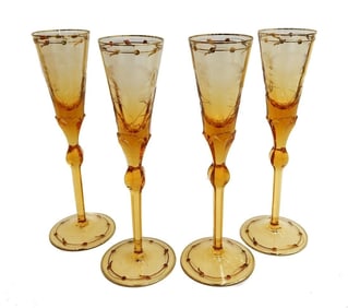 4 Moser Czech Cut Crystal Glass Champagne Flutes in Paula Amber Orange and Gilt
