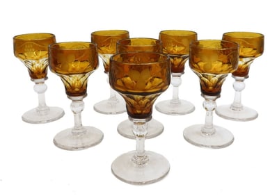 8 Bohemian Smokey Amber and Clear Cut Glass Claret Wine Goblets c1940