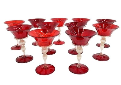 11 Red Ventian Wine Goblets