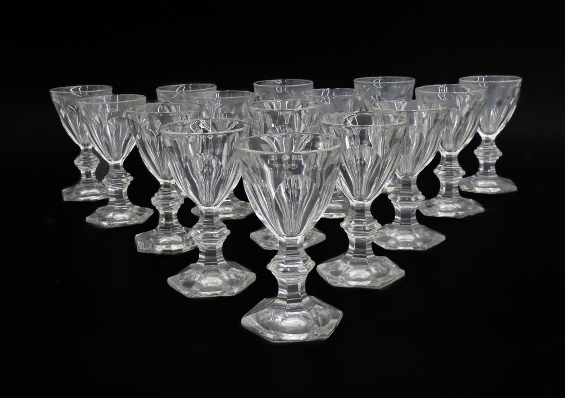 15 Baccarat France Cut Glass Port Wine Goblets in Harcourt Versailles Signed: 15 Baccarat France cut glass port wine goblets in Harcourt Versailles. Cut panel design to bowl with a multi-side foot. Acid etched Baccarat mark to underside. Weight: Approx. 8 lbs Measurements: Appr