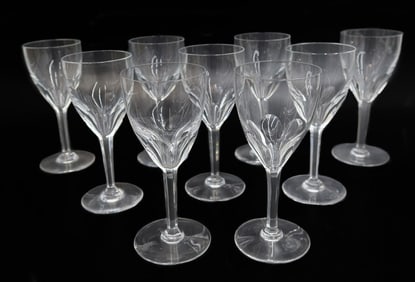 9 Baccarat France Cut Glass Claret Wine Goblets in Genova Signed