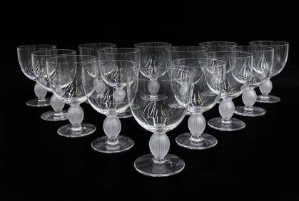 14 Lalique France Crystal Glass Tall Water Goblets in Langeais Signed
