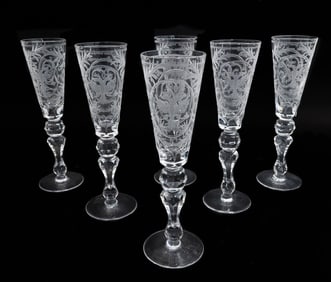 6 Russian Cut Glass Champagne Flutes Peter the Great early 20th century