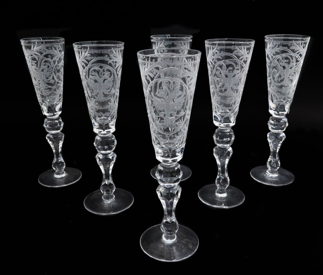 6 Russian Cut Glass Champagne Flutes  Peter the Great early 20th century (1 of 6)