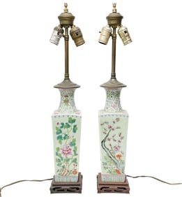 Pair Chinese Enameled Porcelain Vases Mounted as Lamps Florals