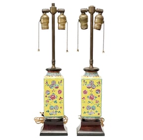 Pair Chinese Yellow Enameled Porcelain Vases Mounted as Lamps, Wood Mounts
