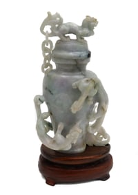Chinese Carved Jade Decorative Urn on Base.