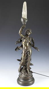 L & F Moreau Bronze Figural Lamp Rock Crystal Flame: L & F Moreau Patinated Bronze Figural Lamp with Rock Crystal 'flame', circa late 19th century Auguste Louis Moreau (French, 1855-1919) and Hippolyte Francois Moreau (French, 1832-1927) Signed as L & F