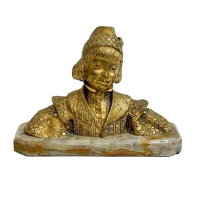 Rene Paul Marquet French Gilt Bronze Bust of a Jester Onyx Base Signed