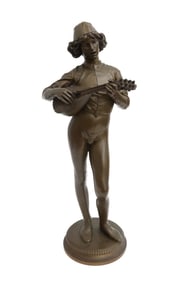 Paul Dubois (French 19th Century) Patinated Bronze Sculpture of a Lute Player