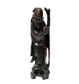 Chinese Carved Wood Figurine Inlaid Silver Wire Elderly Figure mid century