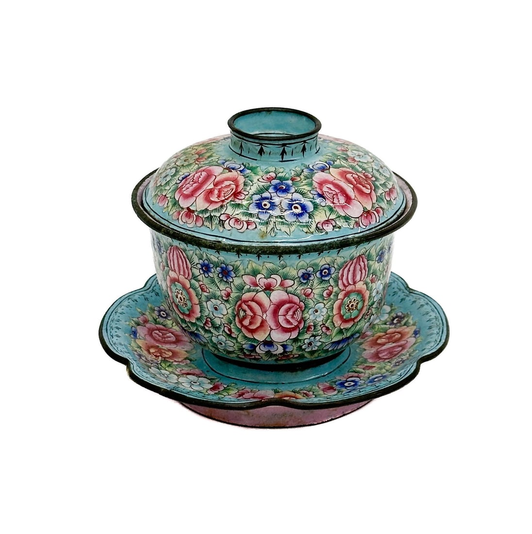 Chinese Enamel Hand Painted Covered Cup and Saucer (1 of 7)