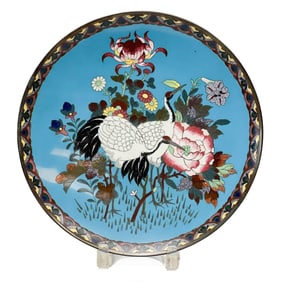Japanese Cloisonné Enamel Plate or Wall Charger Cranes and Florals, Meiji Period
