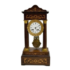 French Gilt Bronze Mounted & Marquetry Wood Mantel Clock 19th century