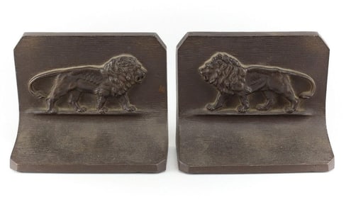 Bradley & Hubbard Patinated Bronze Book Ends Standing / Roaring Lion Design