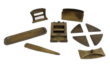 7 Piece Roycroft Arts and Crafts Hand Hammered Copper Desk Set circa 1920