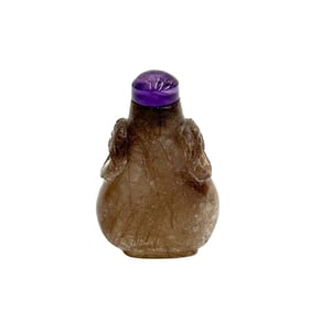 Chinese Carved Hair Crystal Snuff Bottle Amethyst Stopper early 19th century