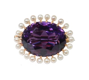 14k Yellow Gold Amethyst and Cultured Pearl Pin Brooch