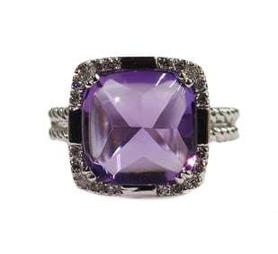 14k White Gold Cabochon Amethyst and Diamond Ring Size 7