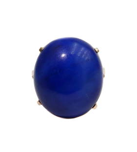 14k Yellow Gold Lapis Lazuli Ring Size 6.5: 14k Yellow Gold Lapis Lazuli Ring Size 6.5. Cabochon lapis lazuli center measuring approximatley 19.5mm x 17.1mm x 10.4mm. Tests for 14k gold Weight Approx., 11 grams Measures Approx., Size 6.5 Domest