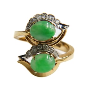 14k Yellow and White Gold Jade and Diamond Ring Size 6.5