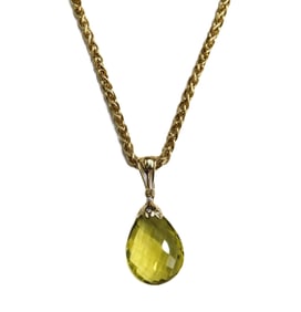 Italian 14k Yellow Gold Briolette cut Lemon Quartz and Diamond Gold Wheat Chain Necklace