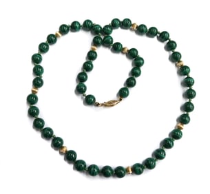 14k Yellow Gold and Malachite Beaded Necklace