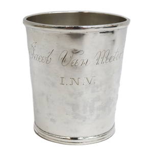Important Virginia Coin Silver Julep Cup by William L. Campbell: An important Southern julep cup by William L. Campbell of Winchester, Virgina. Notable personalized name engraving of Jacob Van Meter. "Jacob Van Meter INV" to center. Twice marked Campbell to undersi